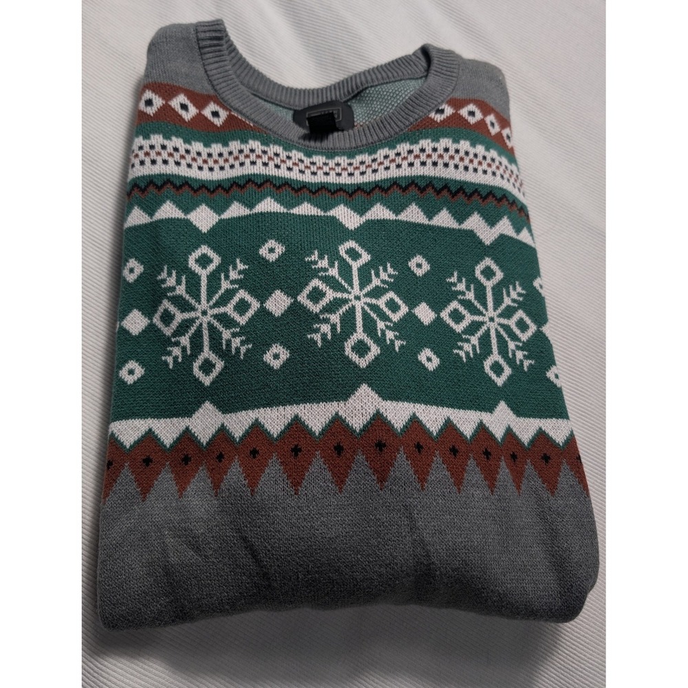 14th & Union Womens Gray Fair Isle Snowflake Sweater Crew Neck Small XX7502